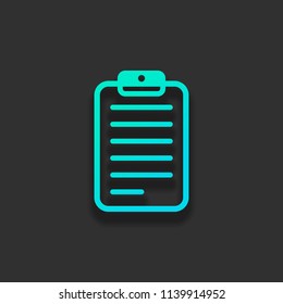 tablet, paper with text. Colorful logo concept with soft shadow on dark background. Icon color of azure ocean