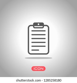 tablet, paper with text. Icon under spotlight. Gray background