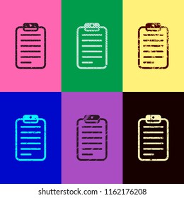 tablet, paper with text. Pop art style. Scratched icons on 6 colour backgrounds. 