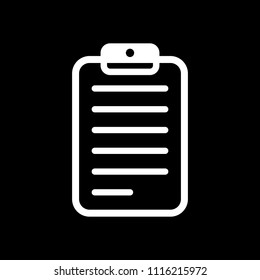 tablet, paper with text. White icon on black background. Inversion