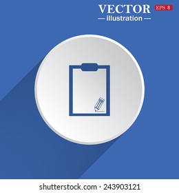 tablet with paper, white circle on a blue background with shadow. Vector illustration, EPS 8