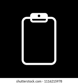 Tablet with paper. White icon on black background. Inversion