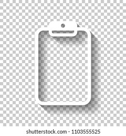 Tablet with paper. White icon with shadow on transparent background