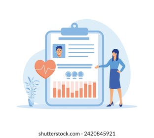 Comprimido con foto del paciente, cardiograma e indicadores de salud para monitorización. Concepto de registro médico, historia o perfil, información para diagnóstico. ilustración moderna de vector plano