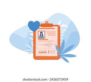 Tablet with patient's photo, cardiogram and health indicators for monitoring. Concept of medical record, history or profile, information for diagnostics. flat vector modern illustration