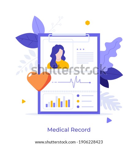 Tablet with patient's photo, cardiogram and health indicators for monitoring. Concept of medical record, history or profile, information for diagnostics. Modern flat vector illustration for banner.