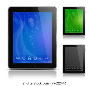 Tablet PC With Abstract Background And Icons. User Interface Template. EPS 10. Vector Illustration