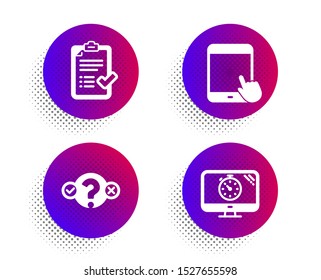 Tablet pc, Approved checklist and Quiz test icons simple set. Halftone dots button. Seo timer sign. Touchscreen gadget, Accepted message, Select answer. Analytics. Technology set. Vector