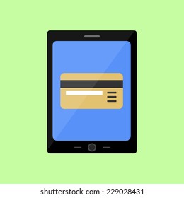 Tablet PC with bank card icon in flat style., Payments online
