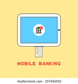tablet pc with bank check like mobile banking. concept of shopping, innovations nfc, retail, sale processing, debit, profit. isolated on yellow background. flat style modern design vector illustration