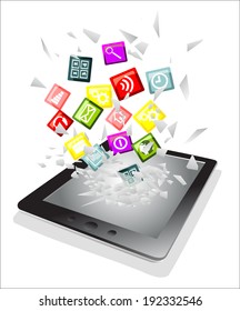 Tablet pc broken glass screen. Cloud of colorful application fly from a tablet pc as an online concept.