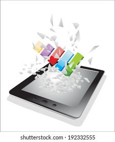 Tablet pc broken glass screen. 3D Business charts fly from a tablet pc as an online concept.