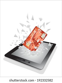 Tablet pc broken glass screen. Credit card fly from a tablet pc as an online concept.