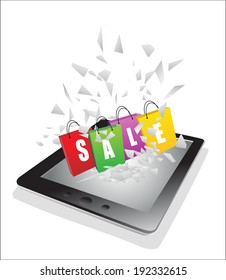 Tablet pc broken glass screen. Sale fly from a tablet pc as an online concept.