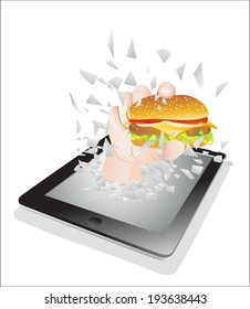 Tablet pc broken glass screen. A hand giving hamburger from a tablet ps as an online concept.