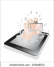 Tablet pc broken glass screen. A hand giving Perfume bottle from a tablet ps as an online concept.