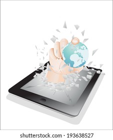 Tablet pc broken glass screen. A hand giving a globe from a tablet s as an online concept.