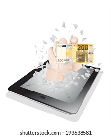 Tablet pc broken glass screen. A hand giving a money from a tablet ps as an on-line payment concept. On-line payment