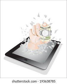 Tablet pc broken glass screen. A hand giving Wrist watch wrapped around a roll of 100 us dollar banknotes from a tablet ps as an online concept.
