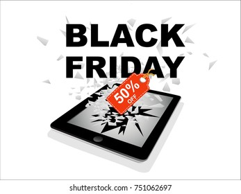 Tablet pc broken glass screen with Black Friday Big Sale Holiday Special Offer 