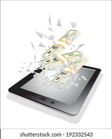 Tablet pc broken glass screen.Dollars fly from a tablet pc as an online concept. Online payments concept.