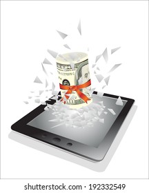 Tablet pc broken glass screen.Dollars fly from a tablet pc as an online concept. Online payments concept.