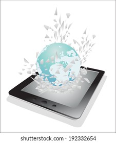 Tablet pc broken glass screen.Globe fly from a tablet pc as an online concept. Online payments concept.