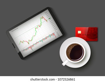 Tablet PC Business chart card, uptrend line graph, bar chart stock bull market arrow phone, coffee. Evaluation investment risks tablet banner. Financial markets background tablet trading phone, coffee