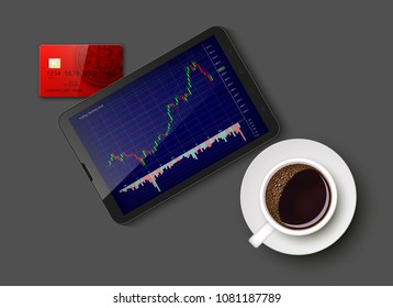 Tablet PC Business chart card, uptrend line graph, bar chart stock bull market arrow phone, coffee. Evaluation investment risks tablet banner. Financial markets background tablet trading phone, coffee