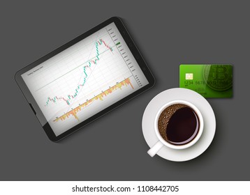 Tablet PC Business chart card, uptrend line graph, bar chart stock bull market arrow phone, coffee. Evaluation investment risks tablet banner. Financial markets background tablet trading phone, coffee