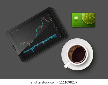 Tablet PC Business chart card, uptrend line graph, bar chart stock bull market arrow phone, coffee. Evaluation investment risks tablet banner. Financial markets background tablet trading phone, coffee
