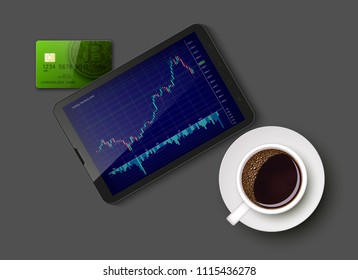 Tablet PC Business chart card, uptrend line graph, bar chart stock bull market arrow phone, coffee. Evaluation investment risks tablet banner. Financial markets background tablet trading phone, coffee