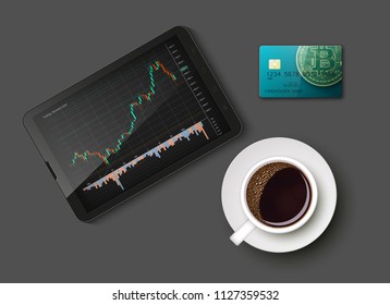 Tablet PC Business chart card, uptrend line graph, bar chart stock bull market arrow phone, coffee. Evaluation investment risks tablet banner. Financial markets background tablet trading phone, coffee