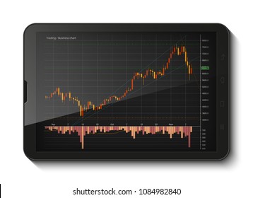 Tablet PC Business chart, uptrend line graph, bar chart stock numbers bull market arrow up and down phone. Evaluation investment risks tablet banner. Financial markets background tablet, trading phone