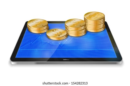 Tablet pc with business graph and golden coin isolated on white background