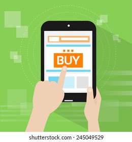 tablet pc buy button touch finger on line store flat vector illustration 