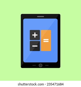 Tablet PC with calculator icon in flat style