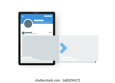 Tablet pc carousel of social media concept mock up design. Gadget app vector isolated illustation.
