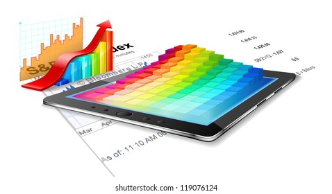 Tablet pc, charts and business summary are on the white background.