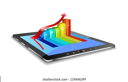 Tablet pc, charts and red arrow are on the white background.