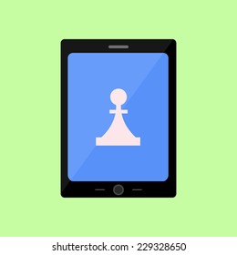 Tablet PC with chess piece as game icon in flat style 