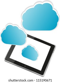 Tablet PC with cloud of application icons isolated on white background