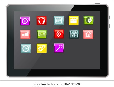 Tablet PC with colorful application icons isolated on white background