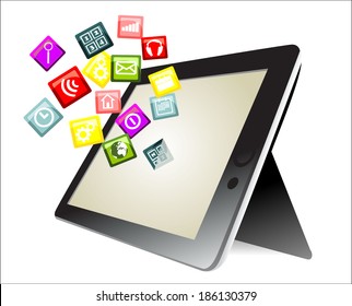 Tablet PC with colorful application icons isolated on white background