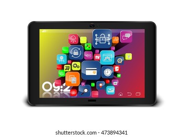 Tablet PC with colorful application icons isolated on white background .Vector illustration