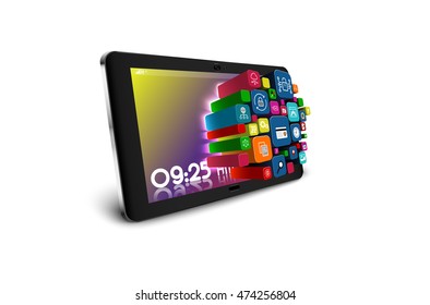 Tablet PC with colorful application icons isolated on white background. vector illustration 