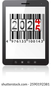 Tablet PC computer with 2025 New Year counter isolated on white background.