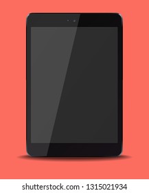 Tablet pc computer with black screen isolated on trendy living coral color background. Vector illustration.