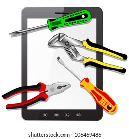  tablet PC computer with blank screen with tools  isolated on white background. Vector  illustration.