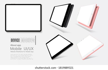 Tablet pc computer with blank screen isolated on white background. The tablet is in different positions and in the rotated state. Realistic and detailed device mockup. Vector illustration